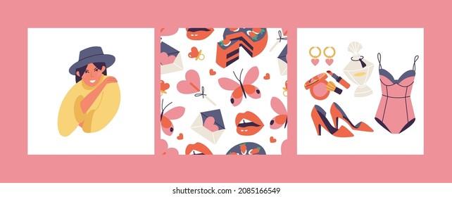 Vektorgrafik Mädchen-Kollektion. Dekorative weibliche Elemente und Accessoires. Nahtloses Muster