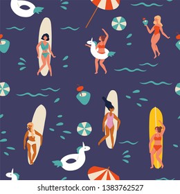 Vector illustration girls surfer standing with a surfboards and having fun on the beach, drinking tropical cocktails and dancing. Summertime seamless pattern