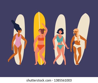 Vector illustration girls surfer standing with a surfboards. Summer vibes