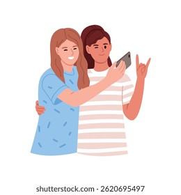 Vector illustration of girls taking selfies. Cartoon scenes of girls, fair-skinned and tanned, hugging and taking photos on smartphones isolated on white background. Girl showing rocker goat gesture.