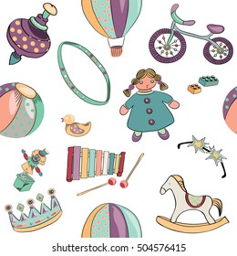 Vector illustration of girls toys seamless pattern on white background