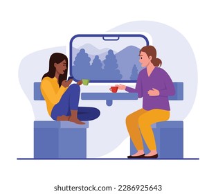 Vector illustration with girls traveling on a train. Cartoon scenes with smiling girls talking, drinking tea, coffee and riding a train isolated on white background.