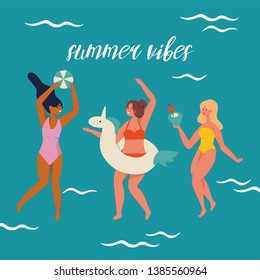 Vector illustration girls wearing swimsuit and have fun with coconut cocktail. Summer vibes