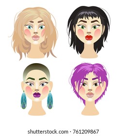 vector illustration of girls in wigs