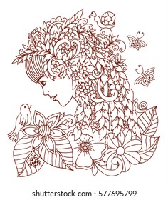 Vector illustration girl-spring looks at a bird surrounded by flowers. Work done by hand. Book Coloring anti-stress for adults and children.Brown and white.