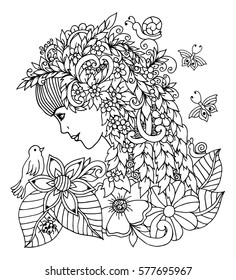 Vector illustration girl-spring looks at a bird surrounded by flowers. Work done by hand. Book Coloring anti-stress for adults and children. Black and white.