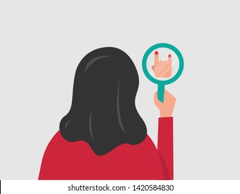 Vector illustration of a Girl/woman holding a hand mirror. "Rock on" reflection in a mirror. Mirror shows "Rock on" Finger sign