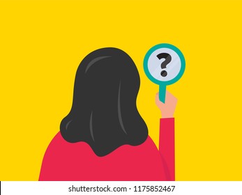 Vector illustration of a girl/woman staring at the question mark reflection in a mirror. Mirror shows doubt. Searching for Answers Concept