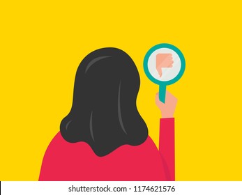Vector illustration of a girl/woman staring at the thumbs down reflection in a mirror. Mirror shows disapproval sign. Thumb down gesture. Dislike concept