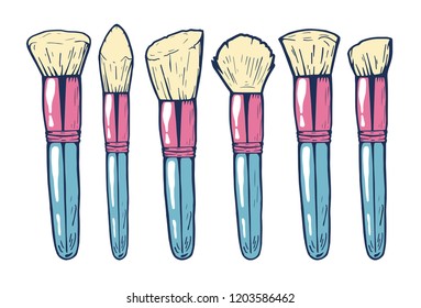 Vector illustration of a girly feminine makeup brushes for blush, powder and contouring. Hand drawn doodle style with colorful underlay. 
