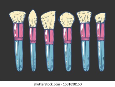 Vector illustration of a girly feminine makeup brushes for blush, powder and contouring. Hand drawn doodle style with colorful underlay. 