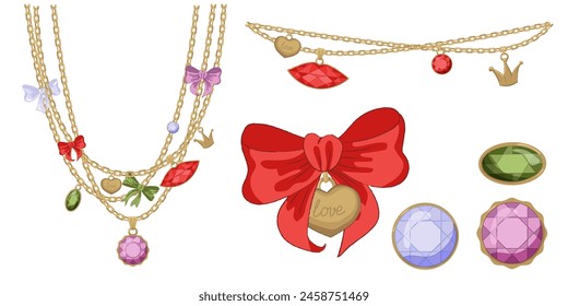 Vector Illustration of girly vintage bow and frame ribbon golden chain and jewelry set. Ribbons isolated. Trendy coquette girls accessories. 