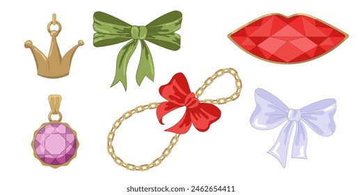 Vector Illustration of girly vintage bow and frame ribbon golden chain and jewelry set. Ribbons isolated. Trendy coquette girls accessories. 