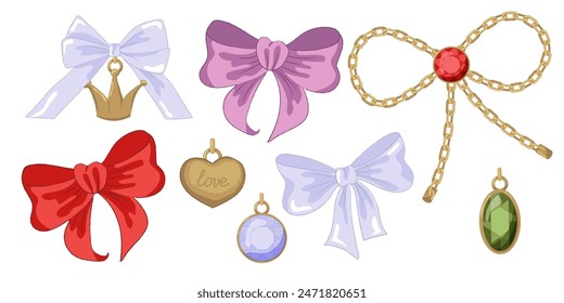 Ilustración vectorial de arco vintage femenino y marco de cinta de oro y conjunto de joyas. Cintas aisladas. Accesorios de moda para niñas. 