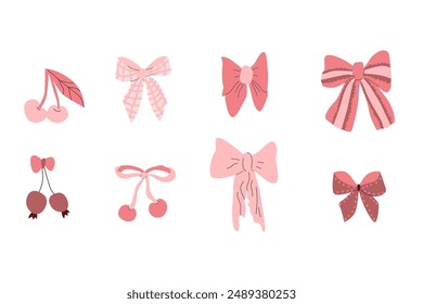 Vector Illustration of girly vintage bows and cherry knot. Bow for hair decor flat. Elements isolated. Coquette aesthetic accessories.