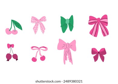 Vector Illustration of girly vintage bows and cherry knot. Bow for hair decor flat. Elements isolated. Coquette aesthetic accessories.