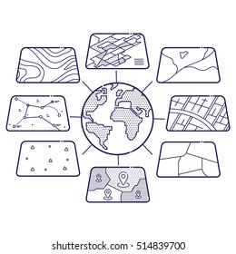 Vector Illustration Of GIS Spatial Data Layers Concept For Infographic, Geographic Information System, Icons Design, Liner Style
