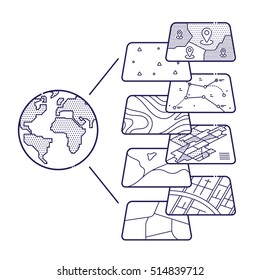 Vector Illustration Of GIS Spatial Data Layers Concept For Infographic, Geographic Information System, Icons Design, Liner Style
