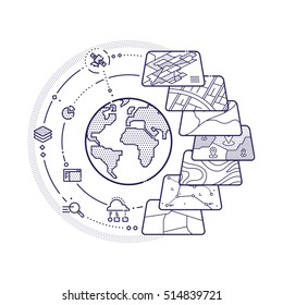 Vector Illustration Of GIS Spatial Data Layers Concept For Business Analysis, Geographic Information System, Icons Design, Liner Style