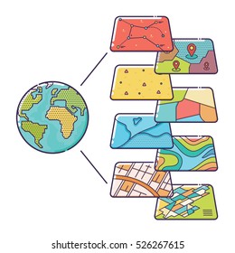 Vector Illustration Of GIS Spatial Data Layers Concept For Business Analysis, Geographic Information System, Icons Design, Liner Style
