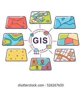 Vector Illustration Of GIS Spatial Data Layers Concept For Business Analysis, Geographic Information System, Icons Design, Liner Style
