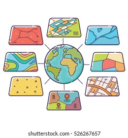 Vector Illustration Of GIS Spatial Data Layers Concept For Business Analysis, Geographic Information System, Icons Design, Liner Style
