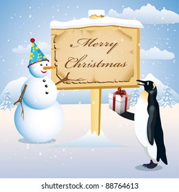 Vektorgrafik gibt einen Pinguin, der einen Schneemann darstellt