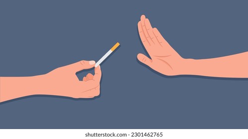 Ilustración vectorial de dejar un cigarrillo al estilo de las caricaturas. Escena de caricatura con un gesto de mano rechazando la oferta de fumar un cigarrillo aislado en un fondo blanco. No fumar y malos hábitos.