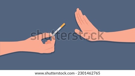 Vector illustration of giving up a cigarette in cartoon style. Cartoon scene with a hand gesture rejecting an offer to smoke a cigarette isolated on a white background. No smoking and bad habits.