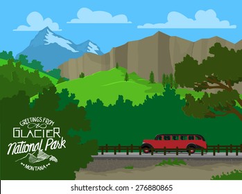 Vector illustration of Glacier National Park with a tour bus driving by and mountains in the background. A rustic "greetings from" message makes this illustration a vintage-style postcard.