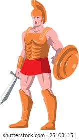 vector illustration of a gladiator roman centurion warrior standing facing front with sword and shield done in retro style.