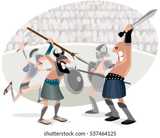 Vector illustration of gladiators fighting in arena
