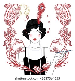 Vector illustration of a glamorous 1920s flapper girl in Art Deco style, with red feather and elegant silhouette. Perfect for vintage party invites, jazz events, themed weddings, or retro decor.
