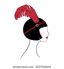 Vector illustration of a glamorous 1920s flapper girl in Art Deco style, with red feather and elegant silhouette. Perfect for vintage party invites, jazz events, themed weddings, or retro decor.