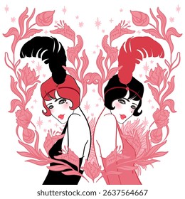 Vector illustration of a glamorous 1920s flapper girl in Art Deco style, with red feather and elegant silhouette. Perfect for vintage party invites, jazz events, themed weddings, or retro decor.