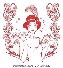 Ilustração vetorial de uma menina flapper glamourosa dos anos 1920 em estilo Art Deco, com pena vermelha e silhueta elegante. Perfeito para convites de festa vintage, eventos de jazz, casamentos temáticos ou decoração retro.