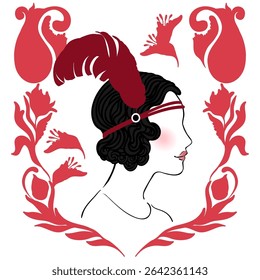 Ilustração vetorial de uma menina flapper glamourosa dos anos 1920 em estilo Art Deco, com pena vermelha e silhueta elegante. Perfeito para convites de festa vintage, eventos de jazz, casamentos temáticos ou decoração retro.