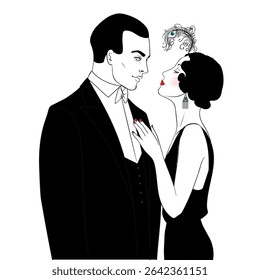 Ilustração vetorial de uma menina flapper glamourosa dos anos 1920 em estilo Art Deco, com pena vermelha e silhueta elegante. Perfeito para convites de festa vintage, eventos de jazz, casamentos temáticos ou decoração retro.