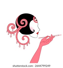 Ilustração vetorial de uma menina flapper glamourosa dos anos 1920 em estilo Art Deco, com pena vermelha e silhueta elegante. Perfeito para convites de festa vintage, eventos de jazz, casamentos temáticos ou decoração retro.