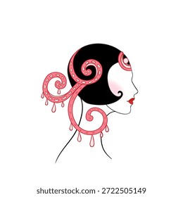 Vector illustration of a glamorous 1920s flapper girl in Art Deco style, with red feather and elegant silhouette. Perfect for vintage party invites, jazz events.