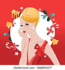 A vector illustration of a glamorous chic updo hair girl with christmas holiday decorations.