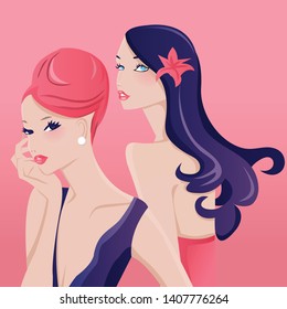 A vector illustration of glamorous fashion and beauty girls on a pink background.