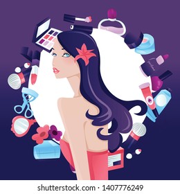 A vector illustration of a glamorous fashion long hair girl with beauty makeup accessories on purple background.