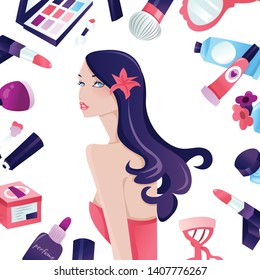 A vector illustration of a glamorous fashion long hair girl surrounded by various beauty makeup cosmetic accessories on white background.