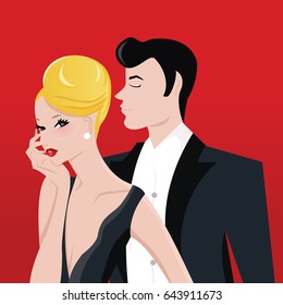 A vector illustration of glamorous lady with blonde updo and a man in tuxedo suit.