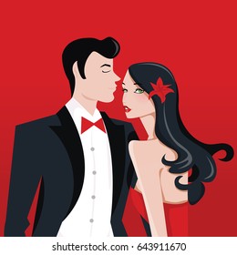 A vector illustration of glamorous lady with long black hair and a man in tuxedo suit.