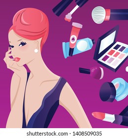 A vector illustration of glamorous retro inspired girl with chic updo and various makeup cosmetic accessories on purple background.