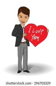 Vector illustration of the glamour boy giving a red heart with love. The red heart is intended for a custom text. Great gift. Post card. Poster.