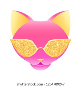 Vector illustration of glamour cats pink face with golden glasses isolated on the white background.