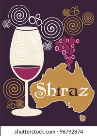 Vector illustration with glass for Australian red wine - Shiraz  on the background with Australia map, grapes and flowers ornament